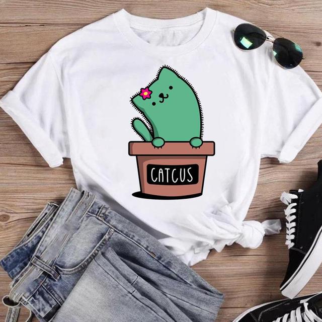 Cactus Cat Sweety Cartoon Print Summer Women's T-Shirt