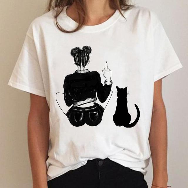 Skeleton Cat Love Print Funny Women T Shirts