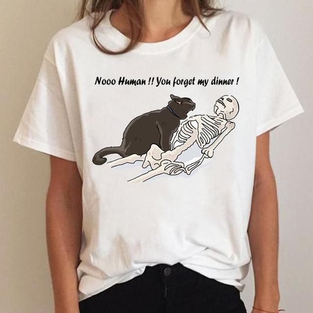Skeleton Cat Love Print Funny Women T Shirts