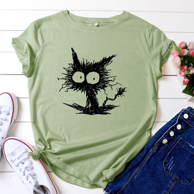 Womens Shocked Black Cat T-Shirts