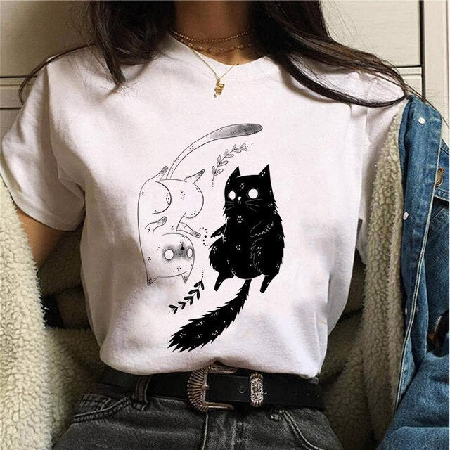 Halloween Themed Bat Wing Black Cat Summer Women T-Shirts
