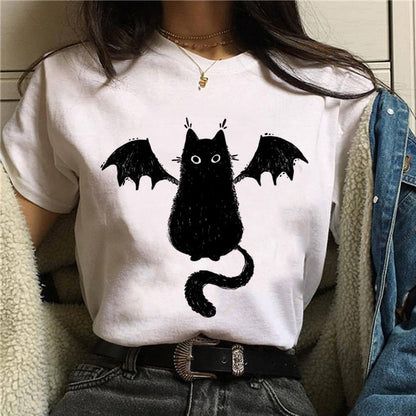 Halloween Themed Bat Wing Black Cat Summer Women T-Shirts