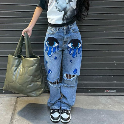 American Street Style Graffiti Print Jeans