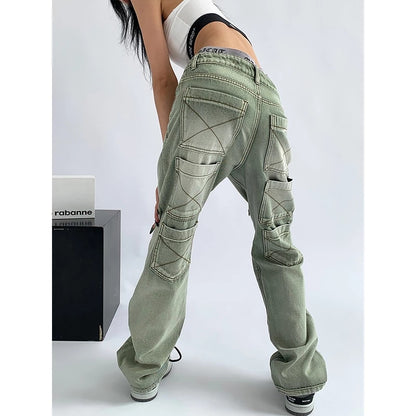 Women's Vintage Washed Multiple Pockets Green Jeans
