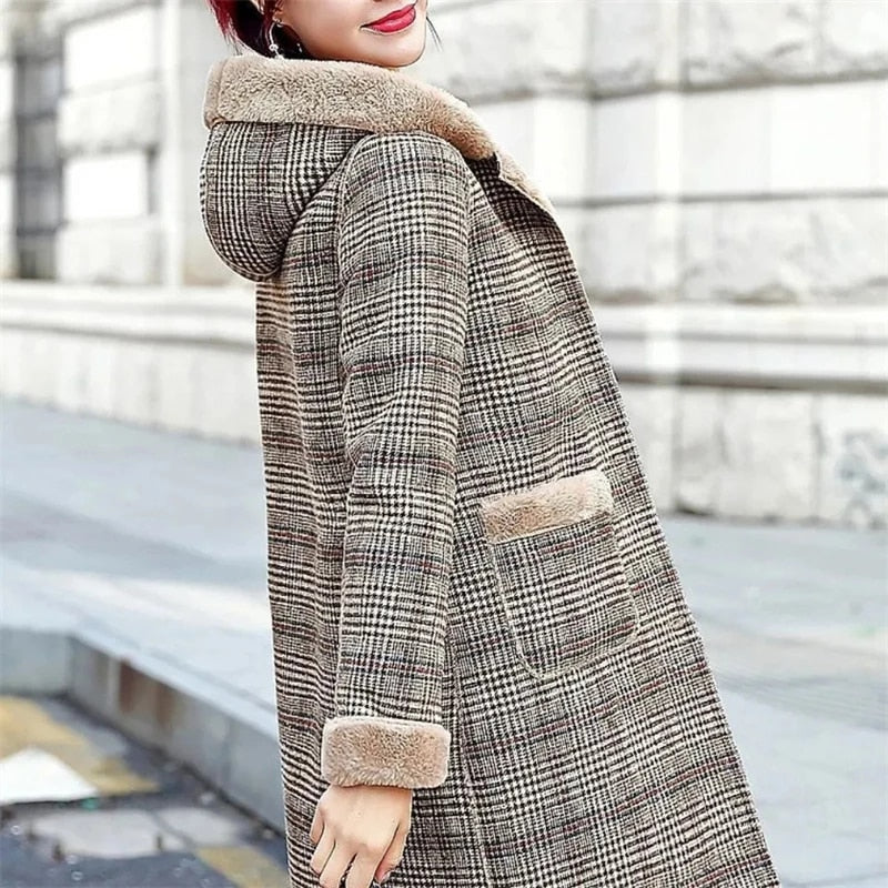 Womens Plaid Wool Thick Velvet Mid Length Coats