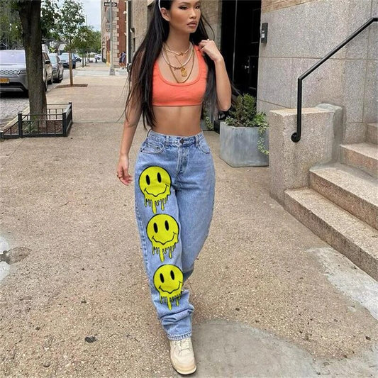 Personality Smile Print High Waist Washed Jeans
