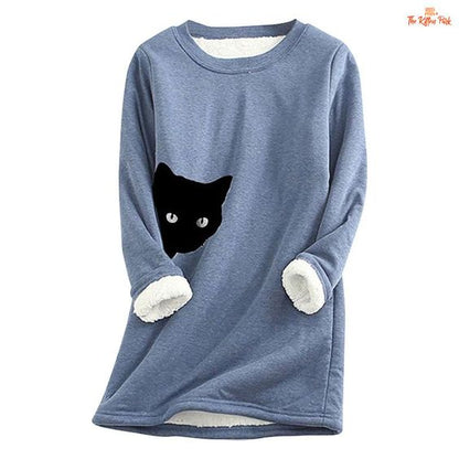 Women Thick Fleece Black Cat Printed Sweater