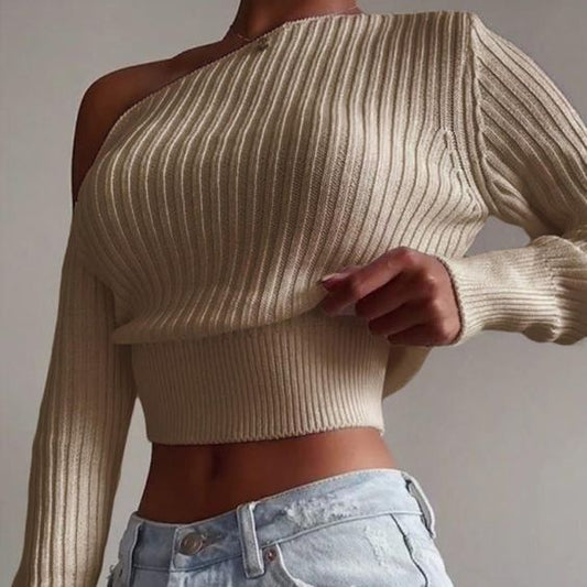 Womens Off Shoulder Knitted Crop Sweaters