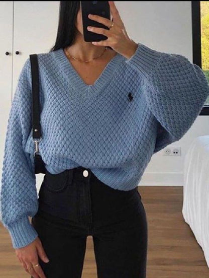 Womens V-Neck Soft Knitted Sweater Winter Clothing