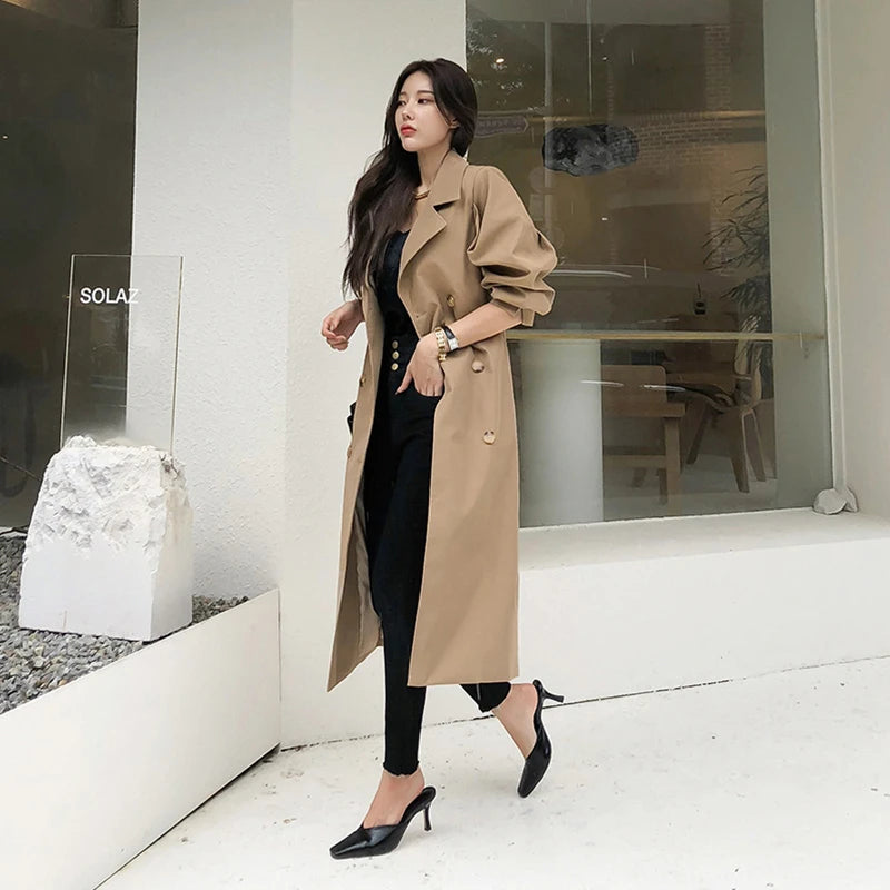 Exclusive Double Breasted Turn Down Collar Windbreaker Coat For Women